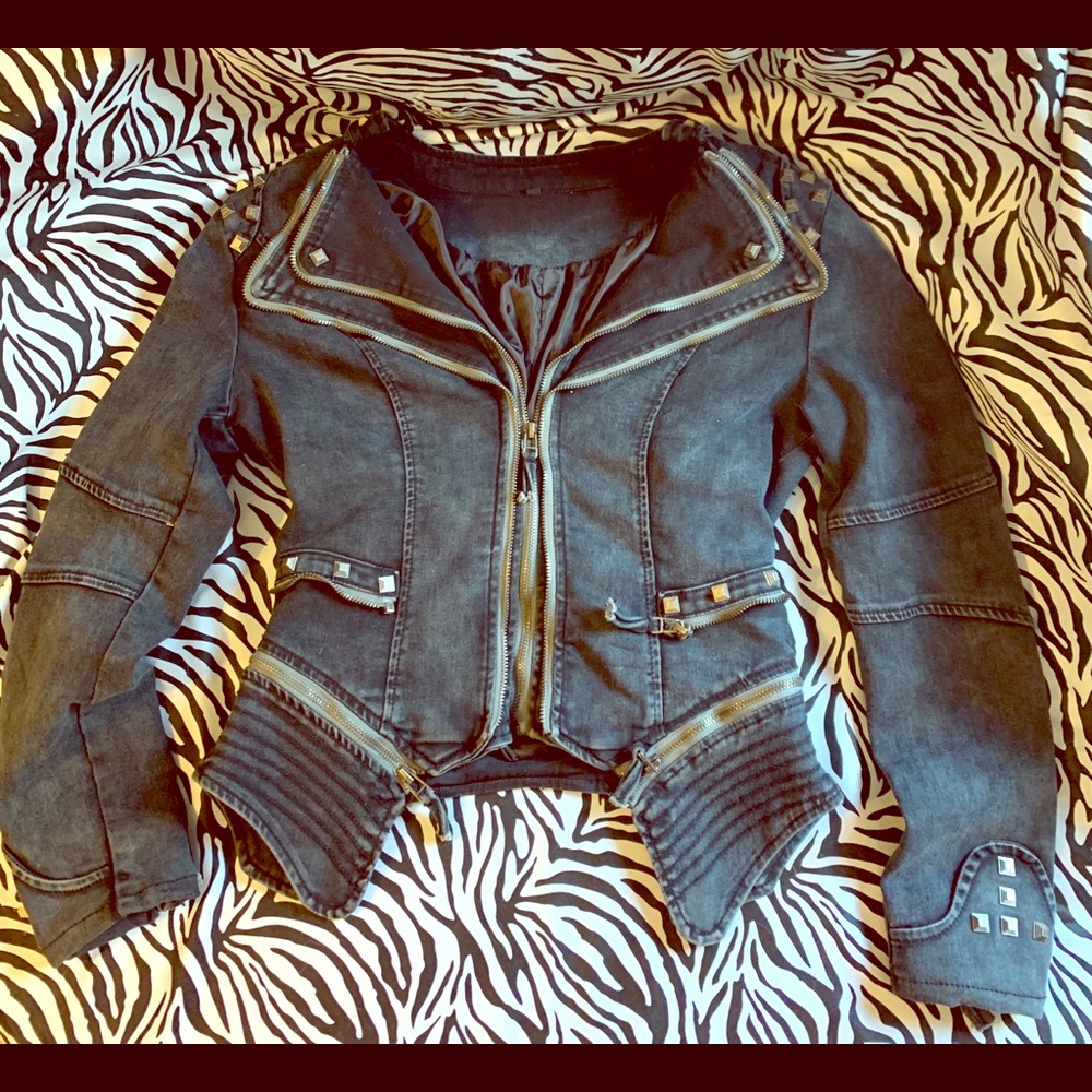 Motorcycle style jean jacket unique studs designer